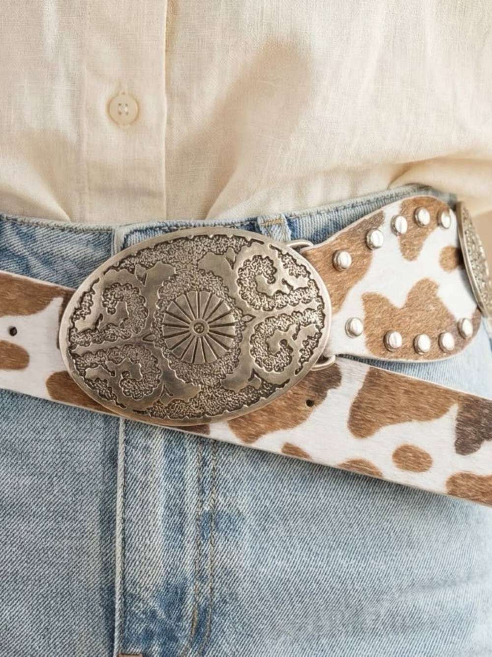 Cowhide Print Western Belt with Ornate Silver Buckle - Brown/White